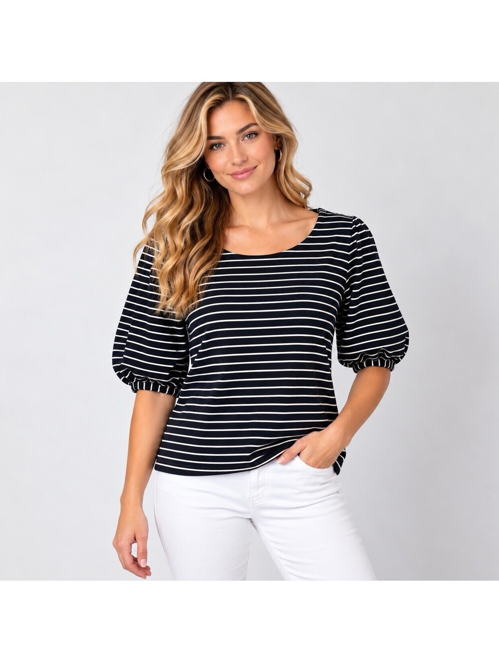 Banana Republic Black White Striped Puff Sleeve Top S 100% Cotton Breton Preppy